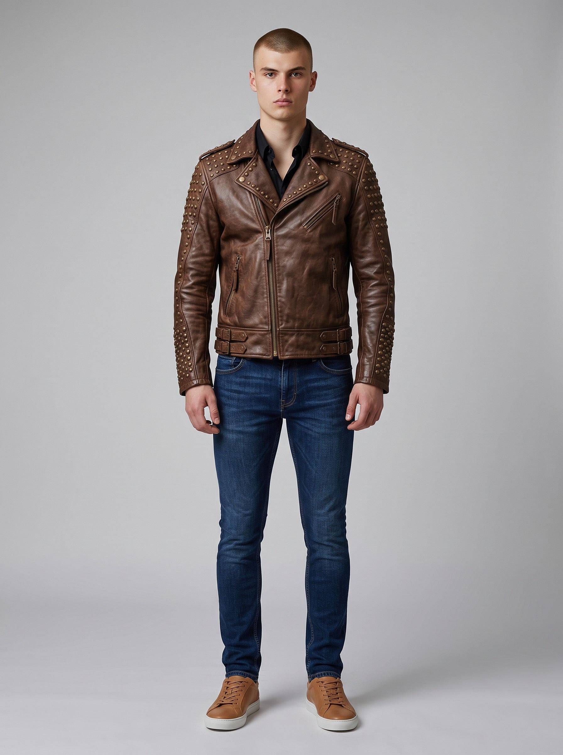 Men's Vintage Studded Cowhide Leather Biker Jacket - image 1