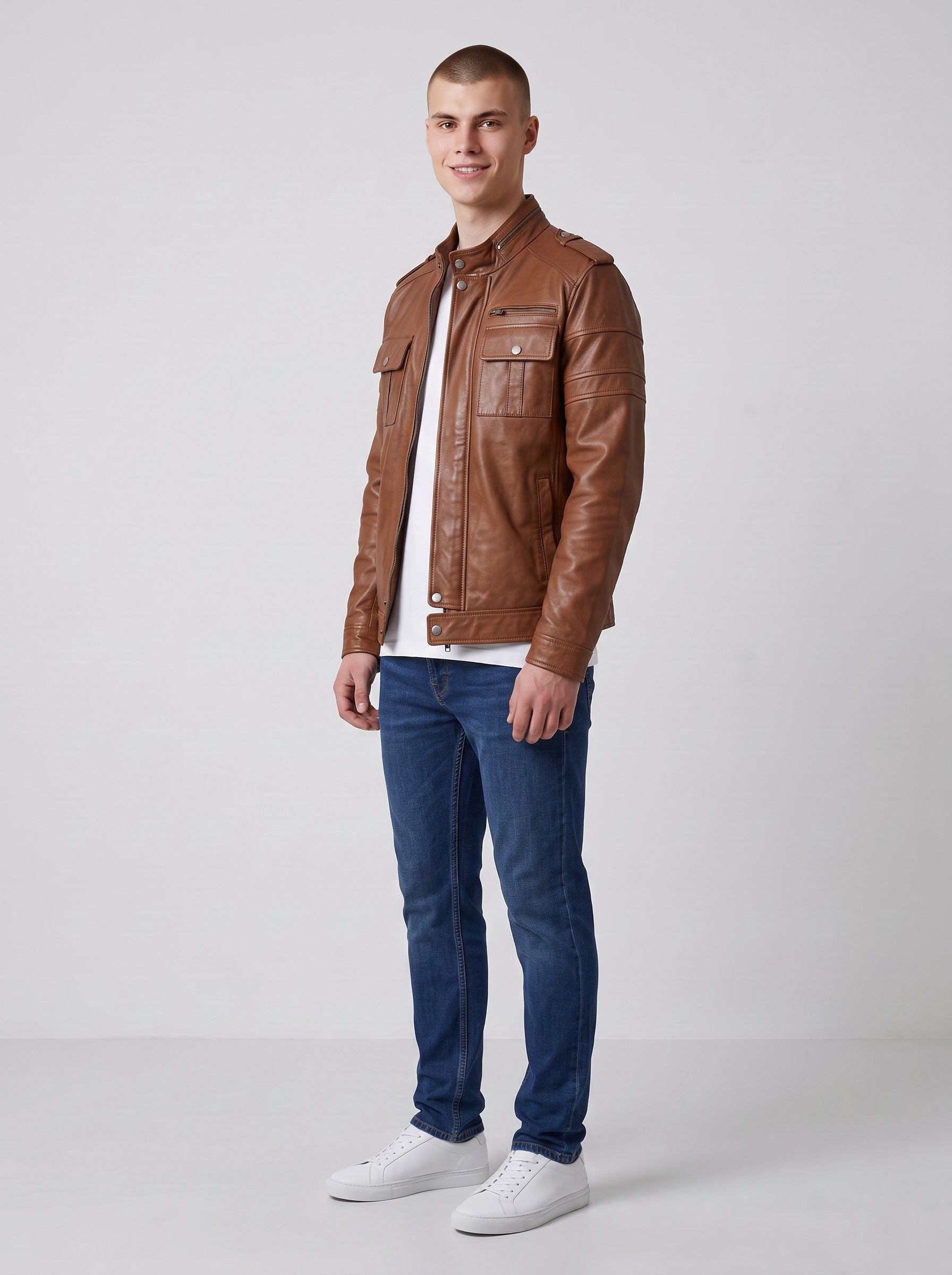 Men's Tan Sheep/Lamb Leather Biker Jacket - image 2