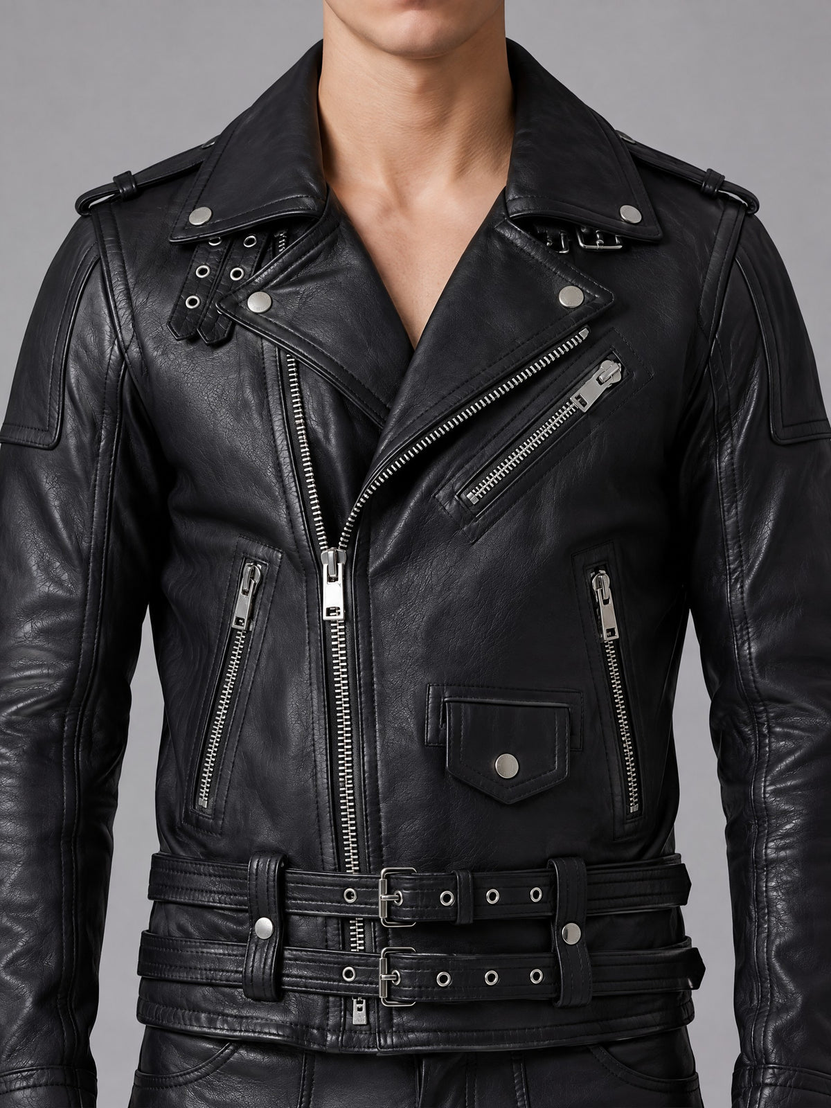 Men's Double-Belt Cowhide Leather Biker Jacket - image 3