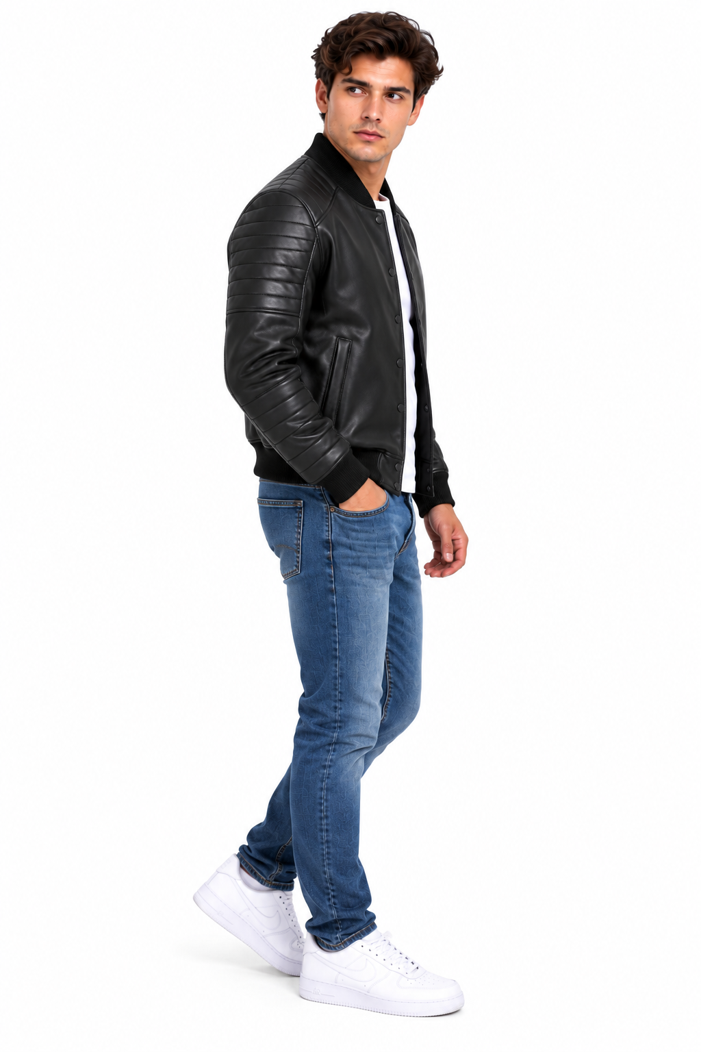 Men's Black Lamb Leather Quilted Bomber Jacket - image 2