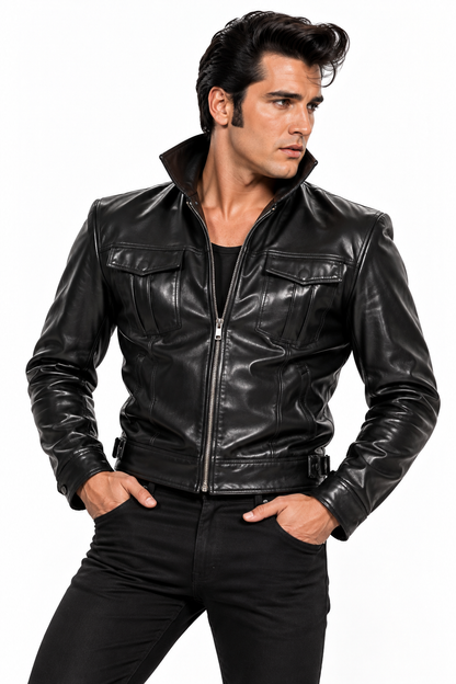Men's Elvis Presley-Inspired Black Lamb Leather Jacket (Stand-Up Collar) - image 2