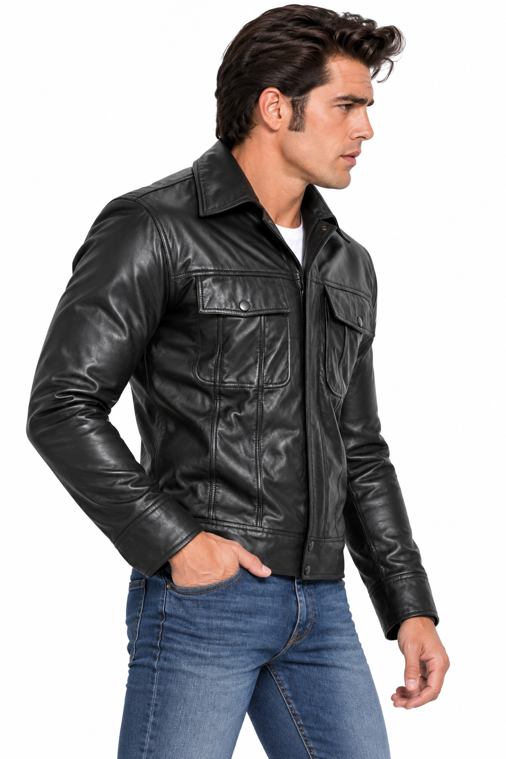 Men's Elvis Presley-Inspired Black Lamb Leather Jacket (Shirt Collar) - image 3