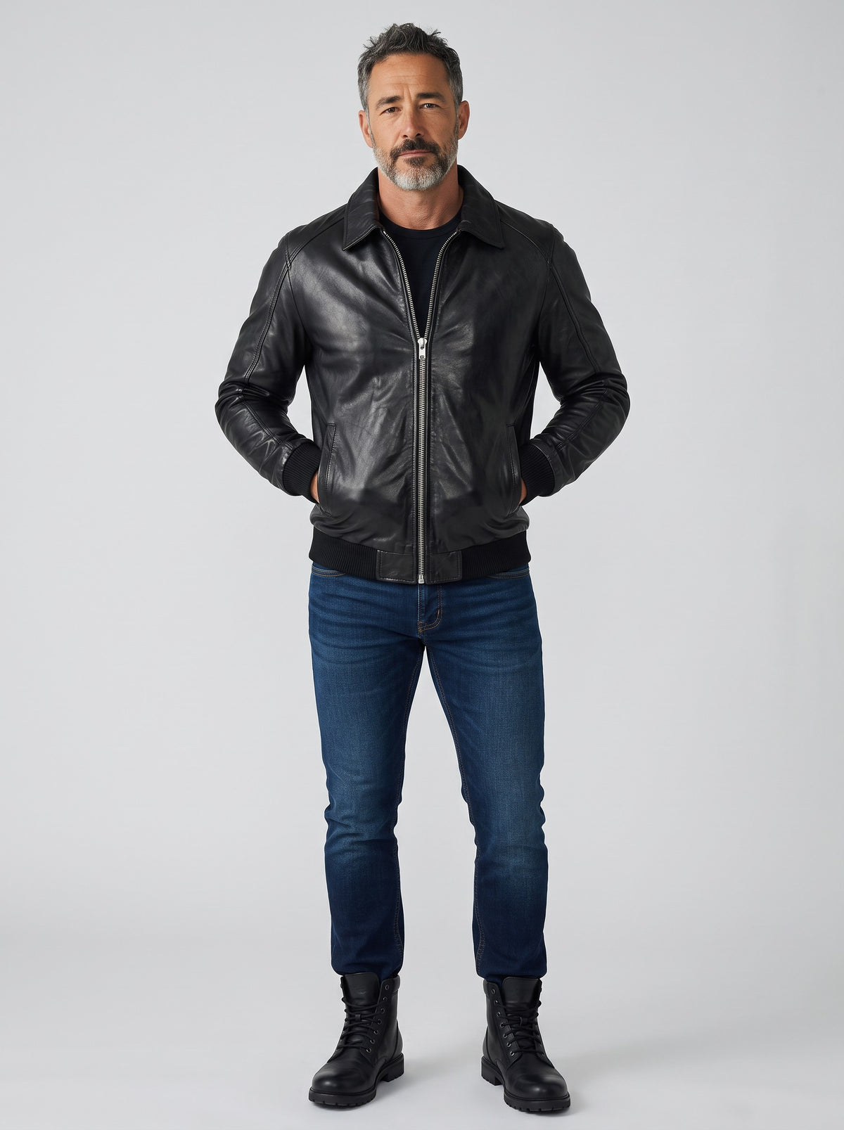 Men's Classic Black Sheep Leather Bomber Jacket - image 2