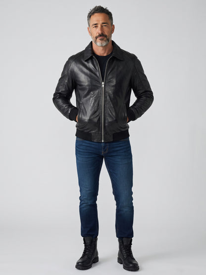 Men's Classic Black Sheep Leather Bomber Jacket - image 2