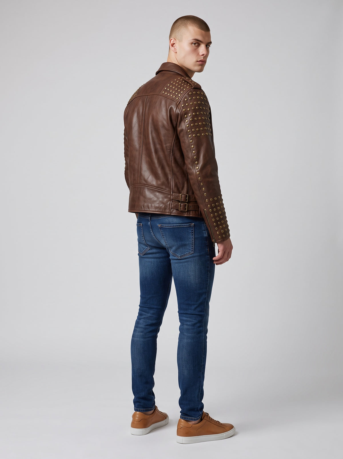 Men's Vintage Studded Cowhide Leather Biker Jacket - image 2