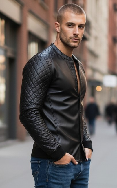 Men's Real Lamb Leather Full Sleeves Quilted Panels Shirt