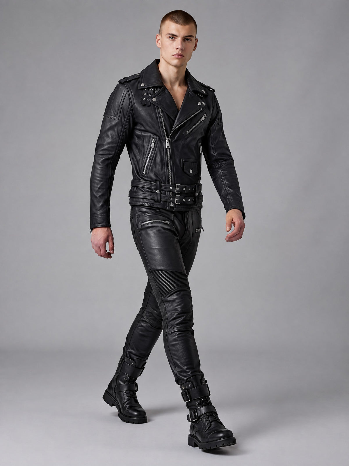 Men's Double-Belt Cowhide Leather Biker Jacket - image 4