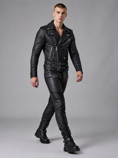 Men's Double-Belt Cowhide Leather Biker Jacket - image 4