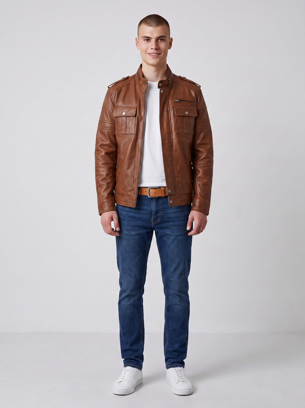 Men's Tan Sheep/Lamb Leather Biker Jacket - image 3