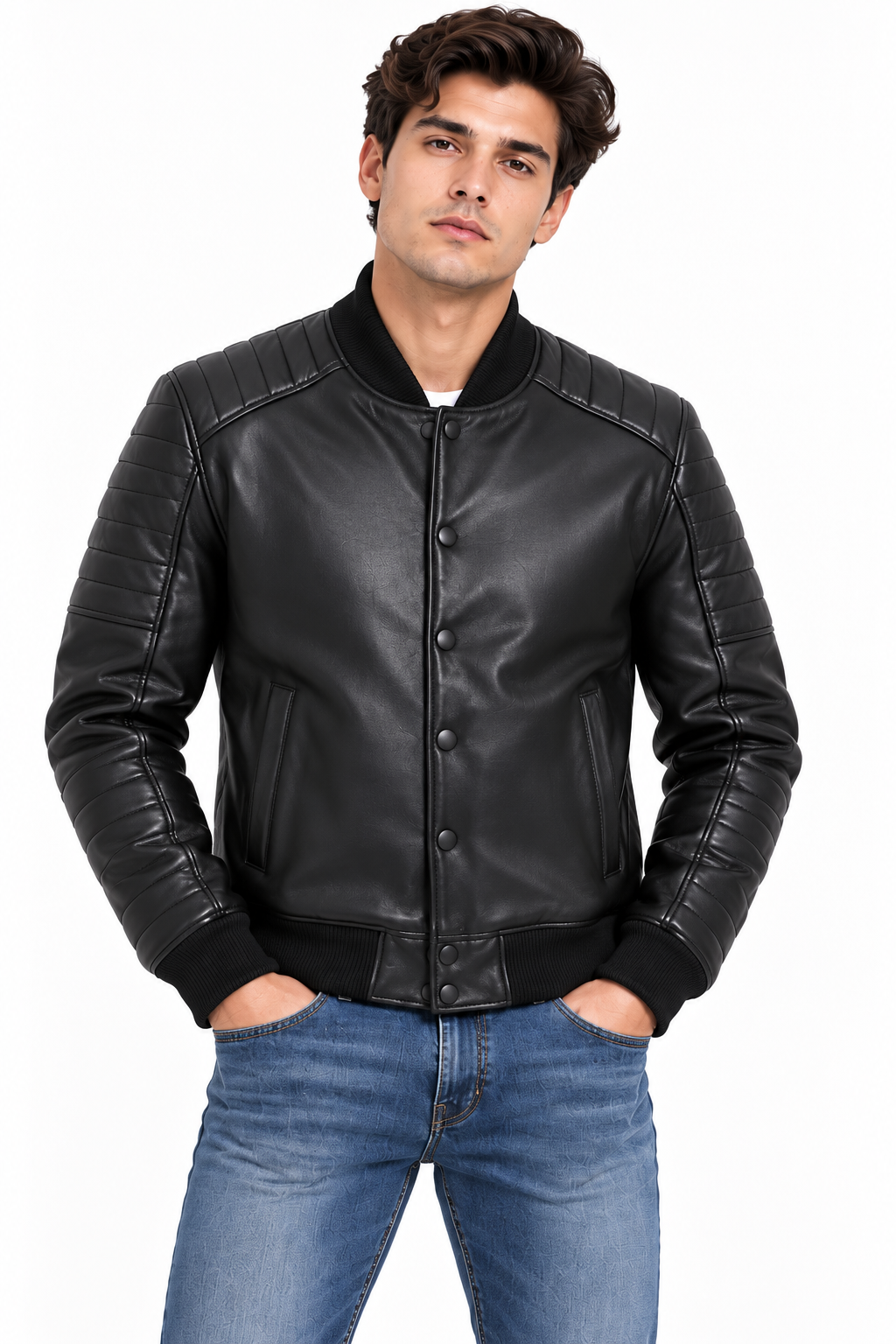 Men's Black Lamb Leather Quilted Bomber Jacket - image 3