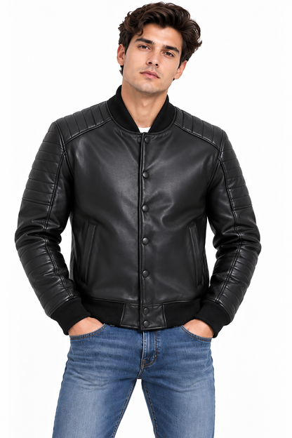 Men's Black Lamb Leather Quilted Bomber Jacket - image 3