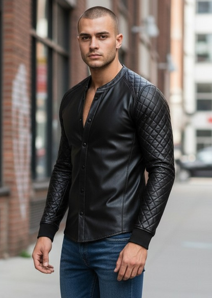 Men's Real Lamb Leather Full Sleeves Quilted Panels Shirt
