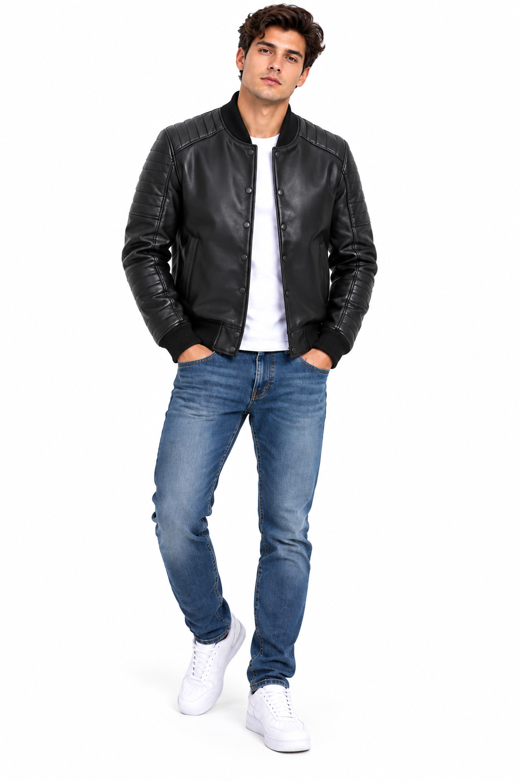 Men's Black Lamb Leather Quilted Bomber Jacket - image 4