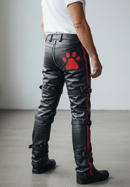 Men’s Real Cowhide Leather Pants With PAW Logo & Restraint Belts: