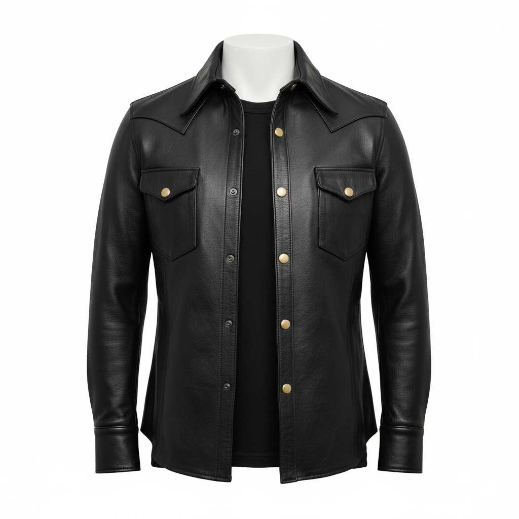 Men’s Genuine Cowhide Mild Leather Black Full Sleeves Leather Shirt Police Uniform Shirt