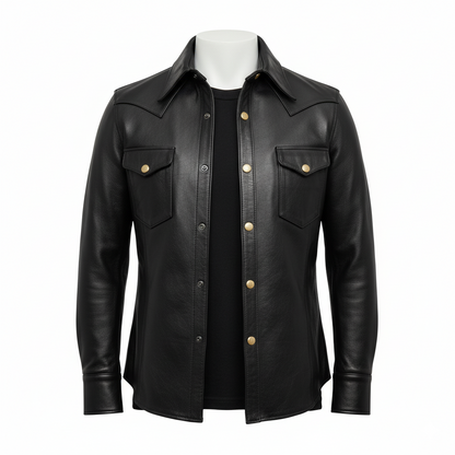Men’s Genuine Cowhide Mild Leather Black Full Sleeves Leather Shirt Police Uniform Shirt