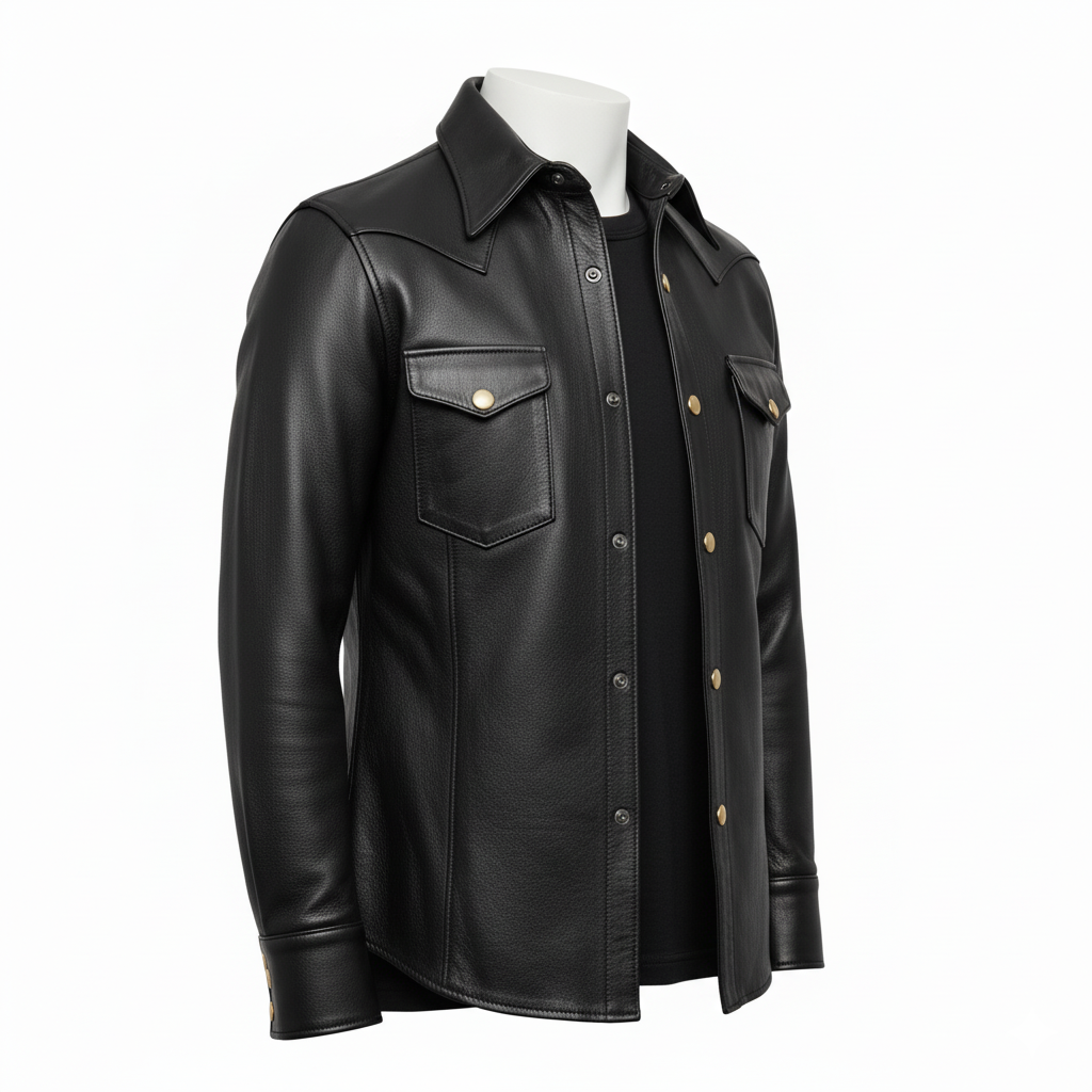 Men’s Genuine Cowhide Mild Leather Black Full Sleeves Leather Shirt Police Uniform Shirt