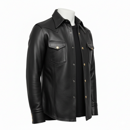 Men’s Genuine Cowhide Mild Leather Black Full Sleeves Leather Shirt Police Uniform Shirt