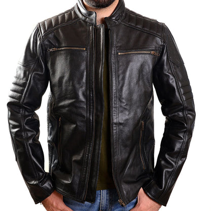 Men's Real Cow Leather Quilted Bikers / Cafe Racer Jacket Embossed Skull Back