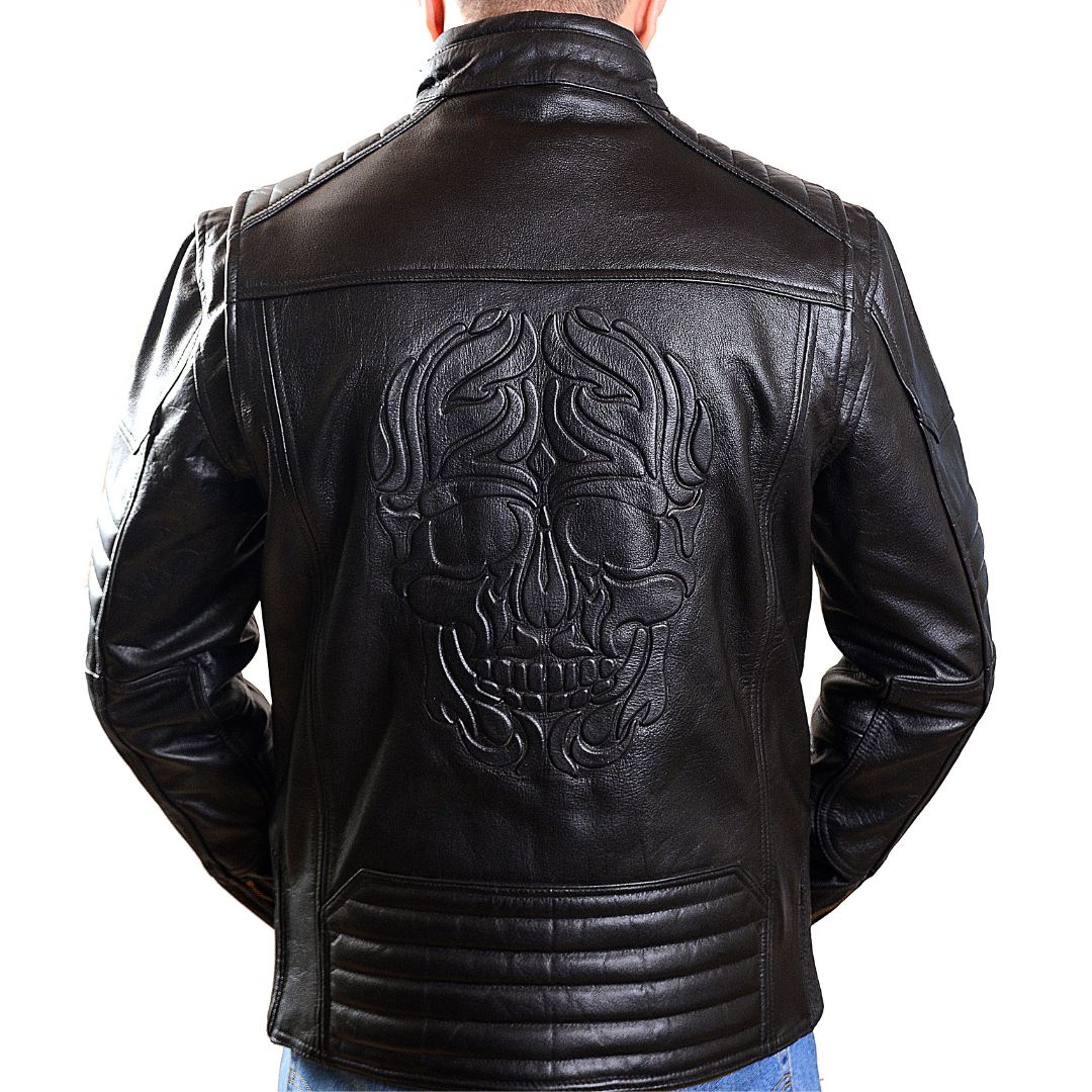 Men's Real Cow Leather Quilted Bikers / Cafe Racer Jacket Embossed Skull Back