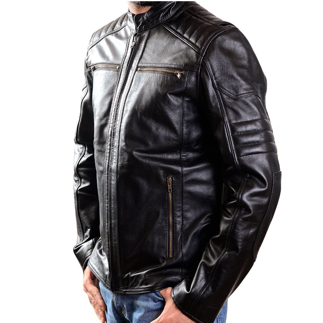 Men's Real Cow Leather Quilted Bikers / Cafe Racer Jacket Embossed Skull Back