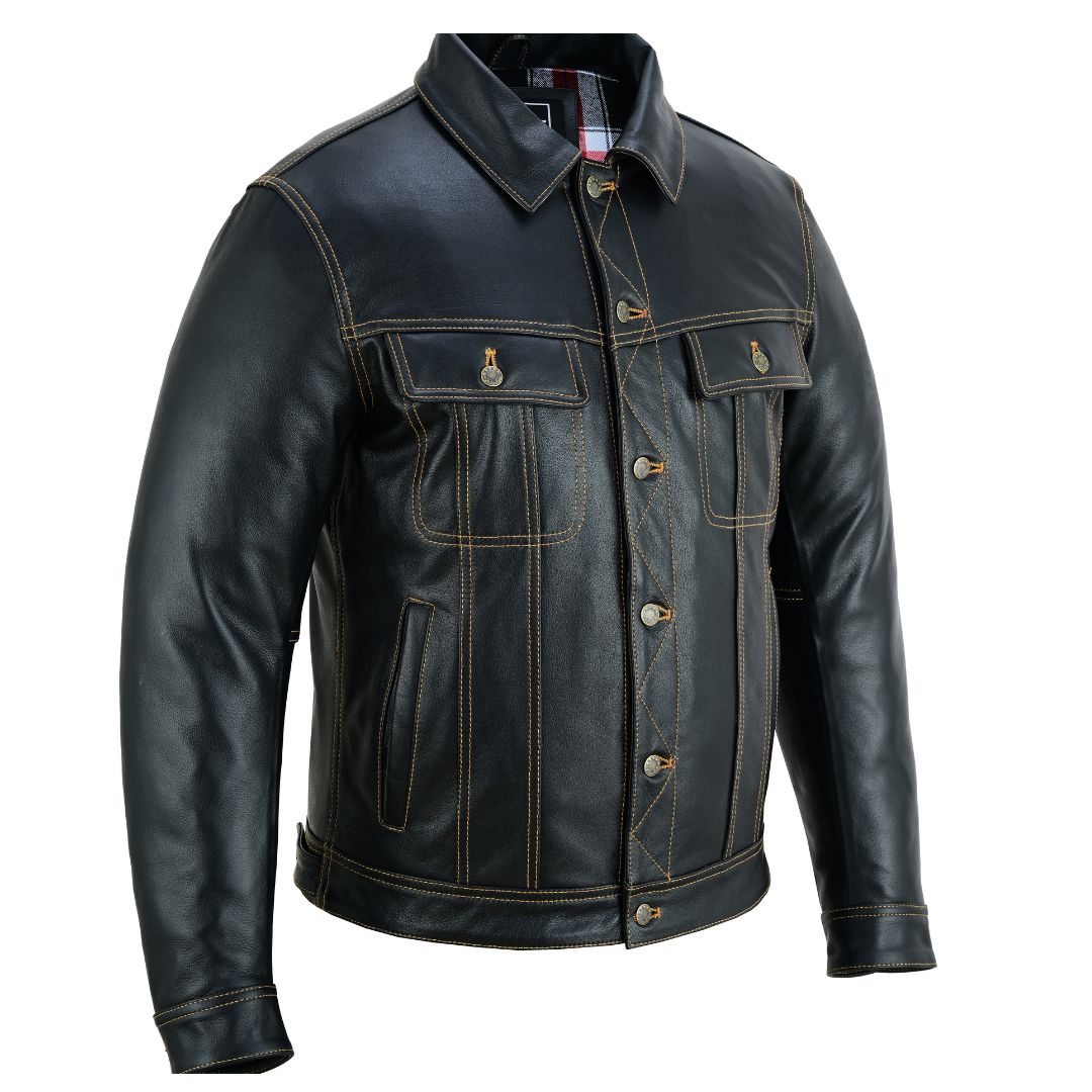 Men's Real Cow Leather Trucker Jacket Contrast Thread Levi's Style Bikers Jacket