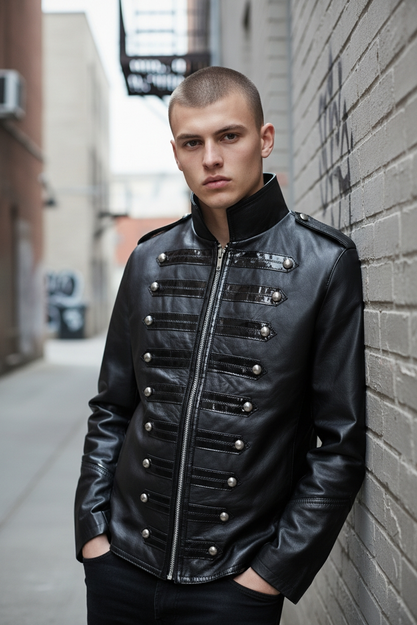 Men's Genuine Cow Leather Military Parade Jacket Gothic / Punk Jacket