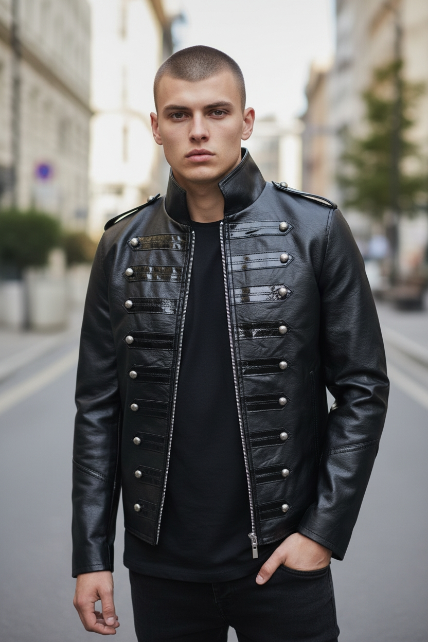 Men's Genuine Cow Leather Military Parade Jacket Gothic / Punk Jacket
