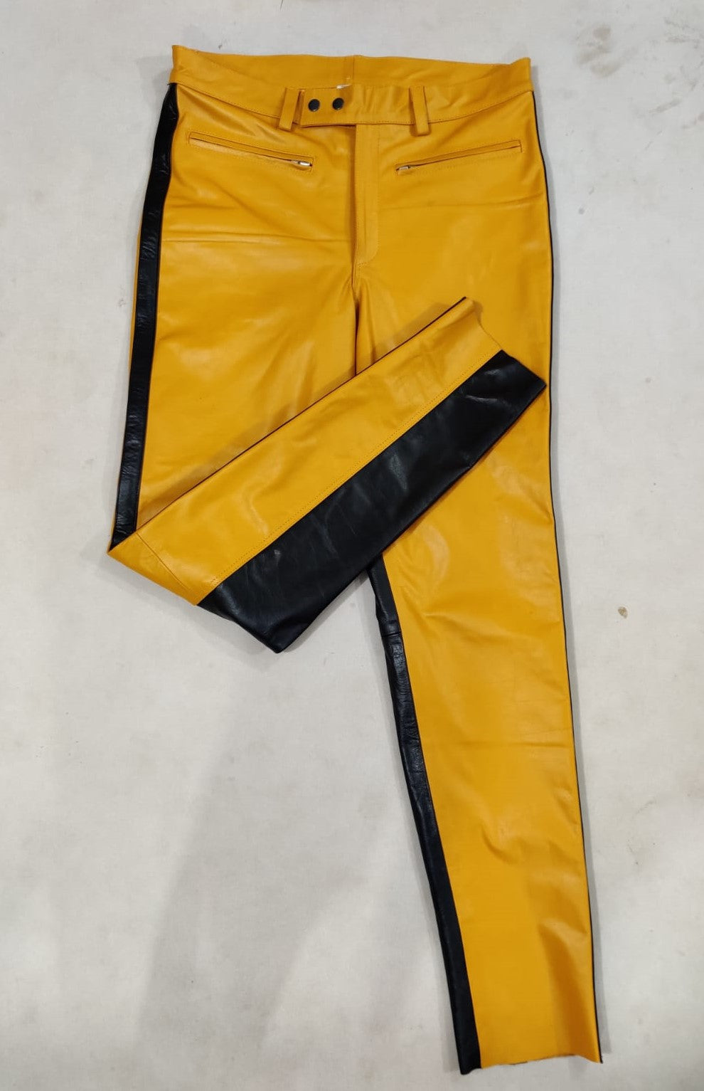Men's Cowhide Bikers Yellow Pants With Black Panels Bikers Pants / Trousers