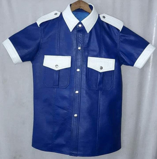 Men's Real Cowhide Leather Carpenter Pants & Police Shirt Blue & White BLUF Suit