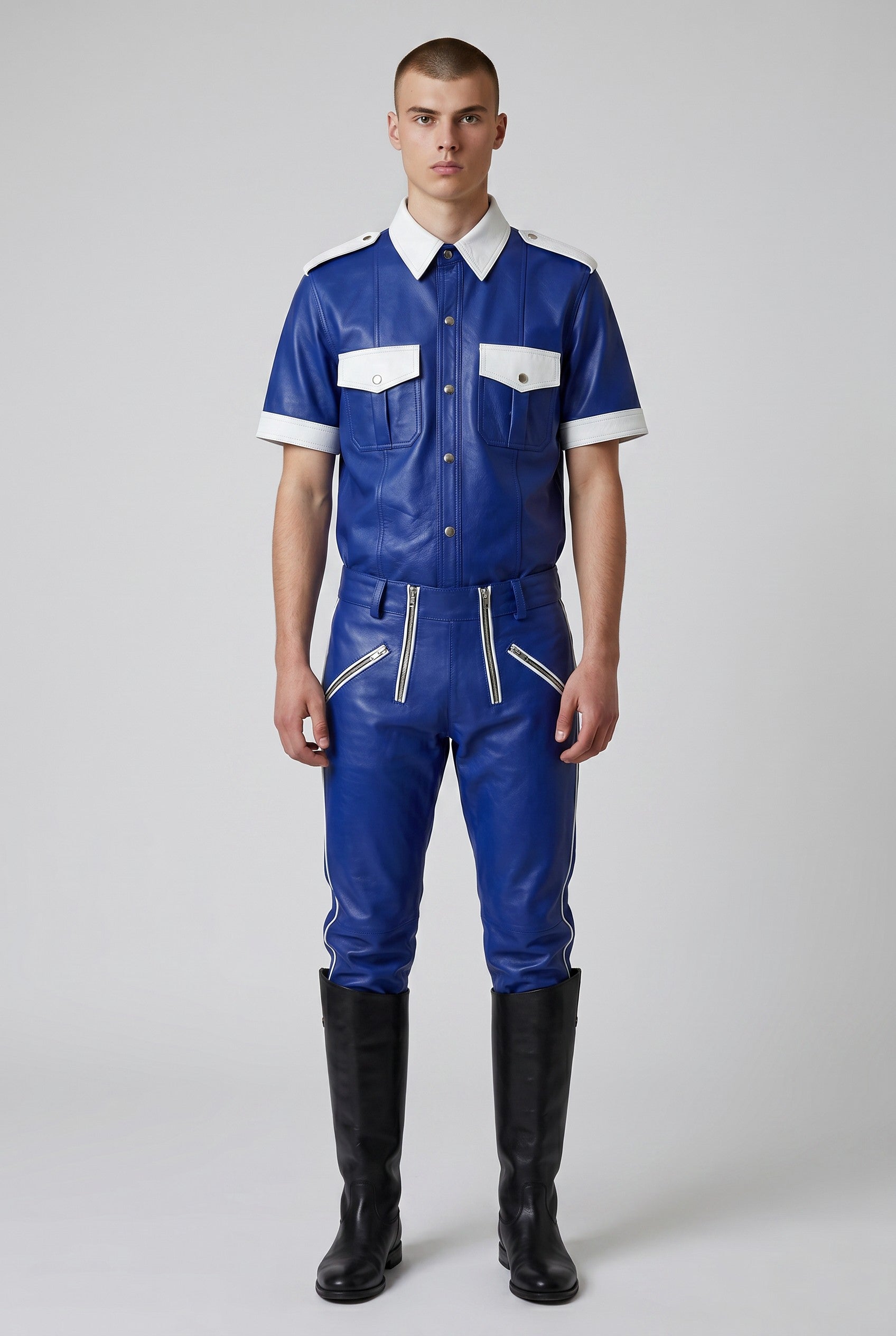Men's Real Cowhide Leather Carpenter Pants & Police Shirt Blue & White BLUF Suit