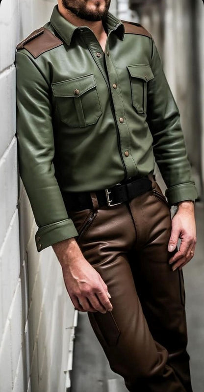 Men's Real Leather Full Sleeves Shirt Green With Brown Accent Leather Shirt