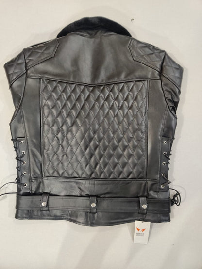 REAL NATURAL COW LEATHER BIKERS QUILTED BACK PANEL & REMOVABLE FUR COLLAR JACKET