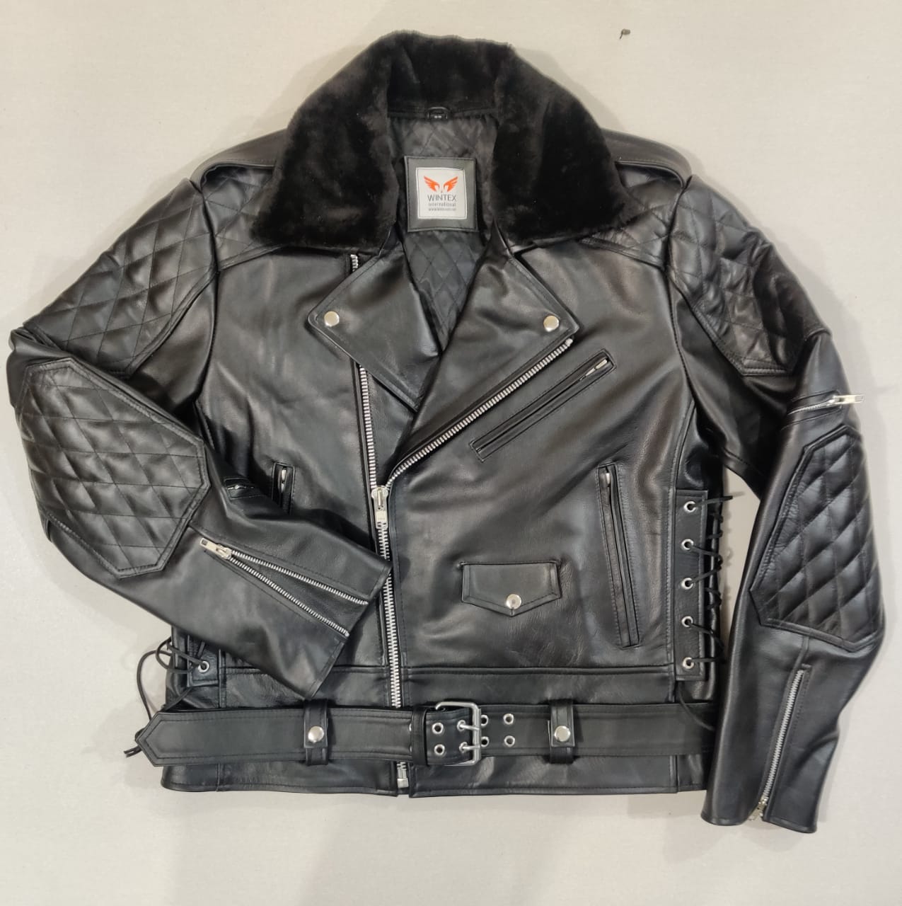 REAL NATURAL COW LEATHER BIKERS QUILTED BACK PANEL & REMOVABLE FUR COLLAR JACKET