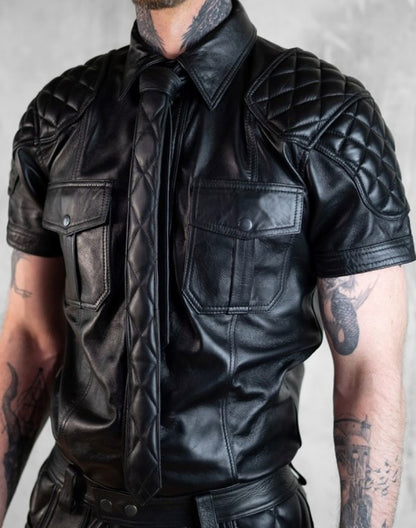 Men's Real Lamb Leather Shirt & Tie Quilted Panels Short Sleeve Police / Bluf Shirt & Quilted Tie