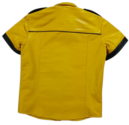 Men’s Real Lamb Leather Yellow Police Uniform Short Sleeves Shirt with Black Piping
