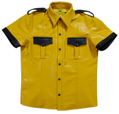 Men’s Real Lamb Leather Yellow Police Uniform Short Sleeves Shirt with Black Piping