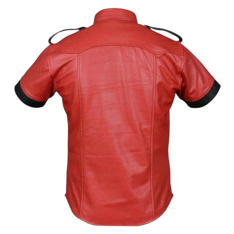 Men’s Lamb Leather Police Shirt Contrast Trims Short Sleeve Bluf Police Shirt