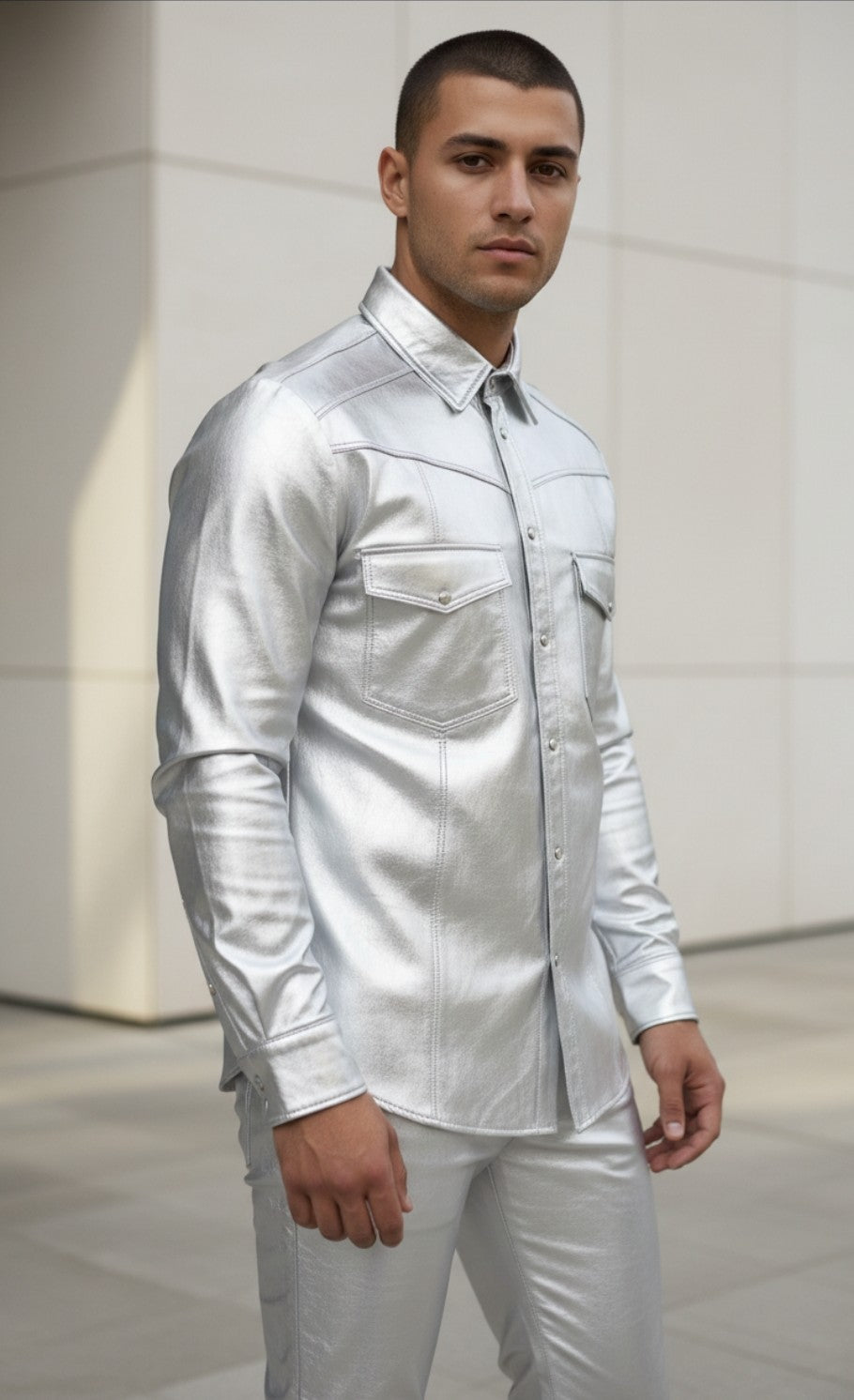 Men's Real Lamb Leather Full Sleeves Shirt Shiny Lamb Leather In Golden & Silver Colors: