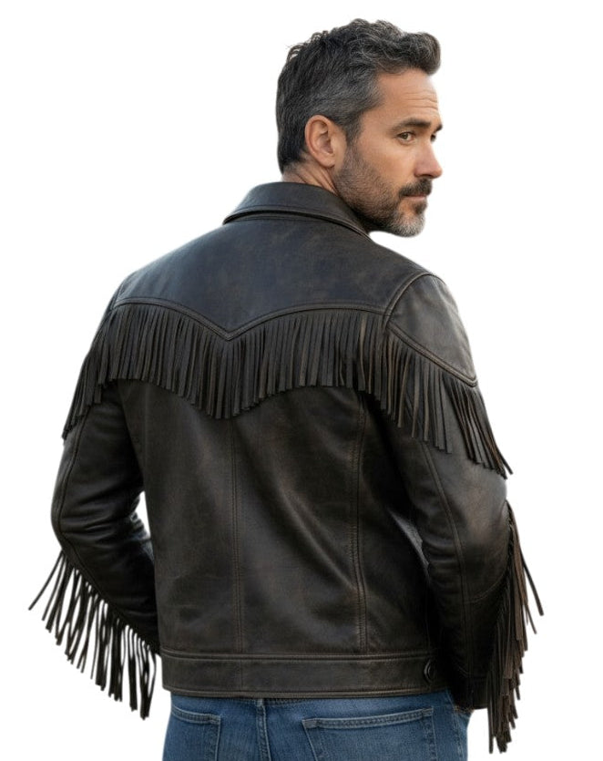 Men's Real Vintage Cowhide Leather Bikers Jacket Fringes At Front ,Sleeves & Back