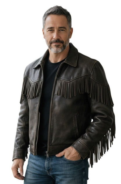 Men's Real Vintage Cowhide Leather Bikers Jacket Fringes At Front ,Sleeves & Back