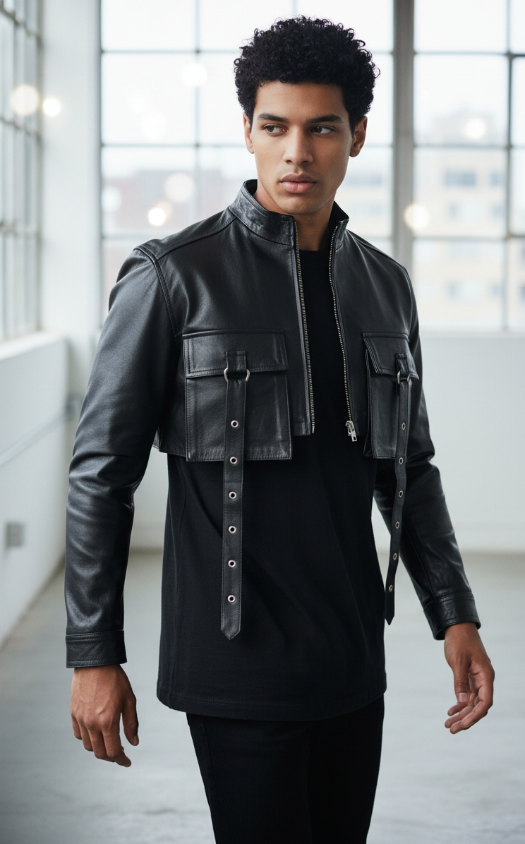 Men's Real Lamb Leather Cropped Jacket Leather Cropped Jacket With Pockets & Straps