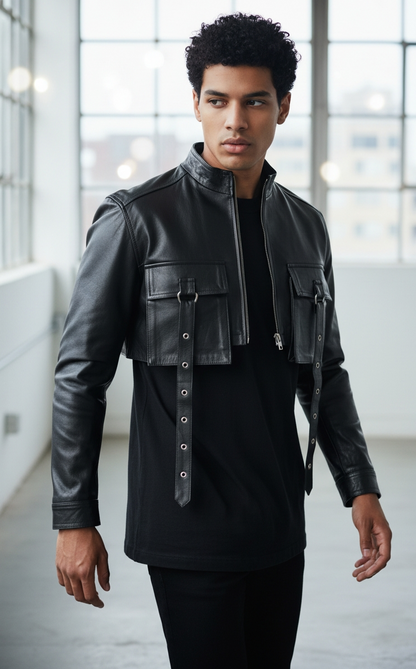 Men's Real Lamb Leather Cropped Jacket Leather Cropped Jacket With Pockets & Straps