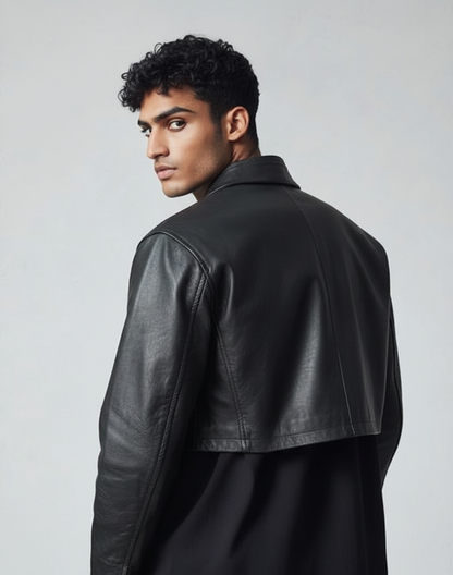 Men's Real Lamb Leather Cropped Jacket Leather Cropped Jacket With Pockets & Straps