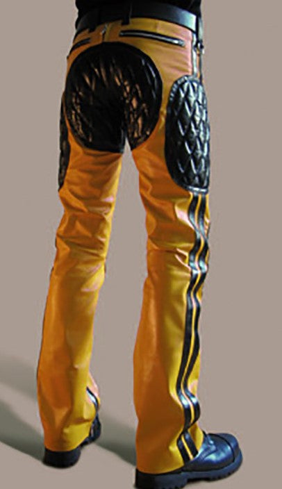Men's Real Leather Quilted Yellow & Black Panels Carpenter Pants