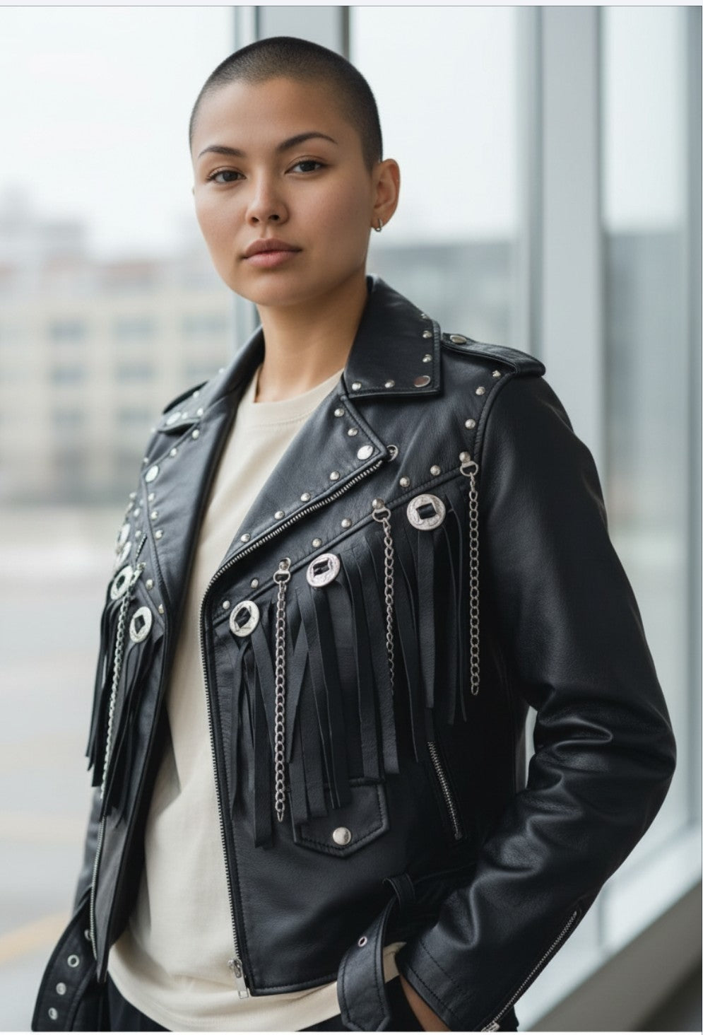 Women Real Lamb Leather Bikers Jacket With Fringes & Conchos Bikers Jacket