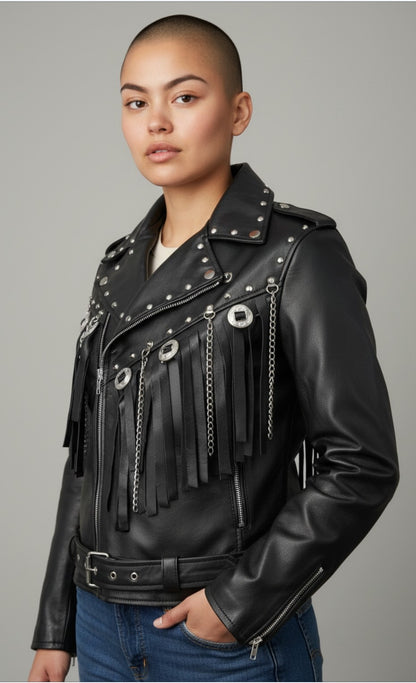 Women Real Lamb Leather Bikers Jacket With Fringes & Conchos Bikers Jacket