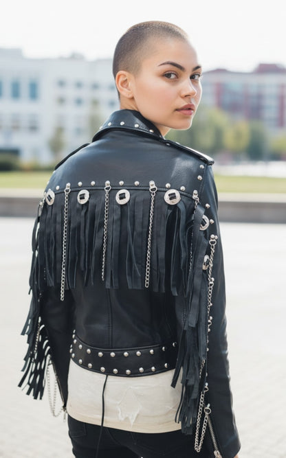 Women Real Lamb Leather Bikers Jacket With Fringes & Conchos Bikers Jacket