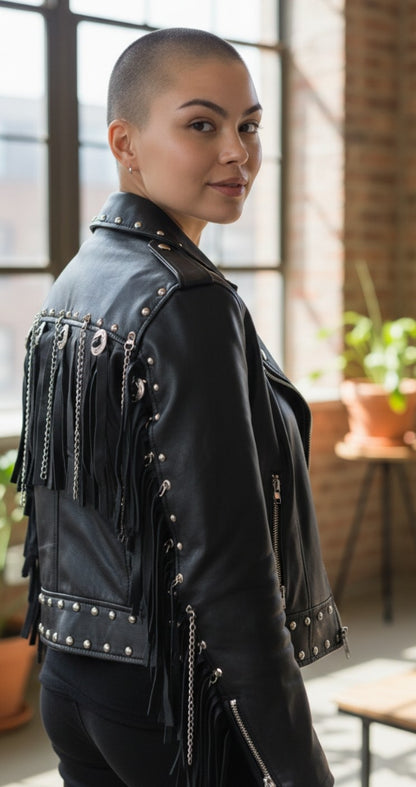 Women Real Lamb Leather Bikers Jacket With Fringes & Conchos Bikers Jacket