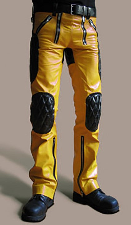 Men's Real Leather Quilted Yellow & Black Panels Carpenter Pants